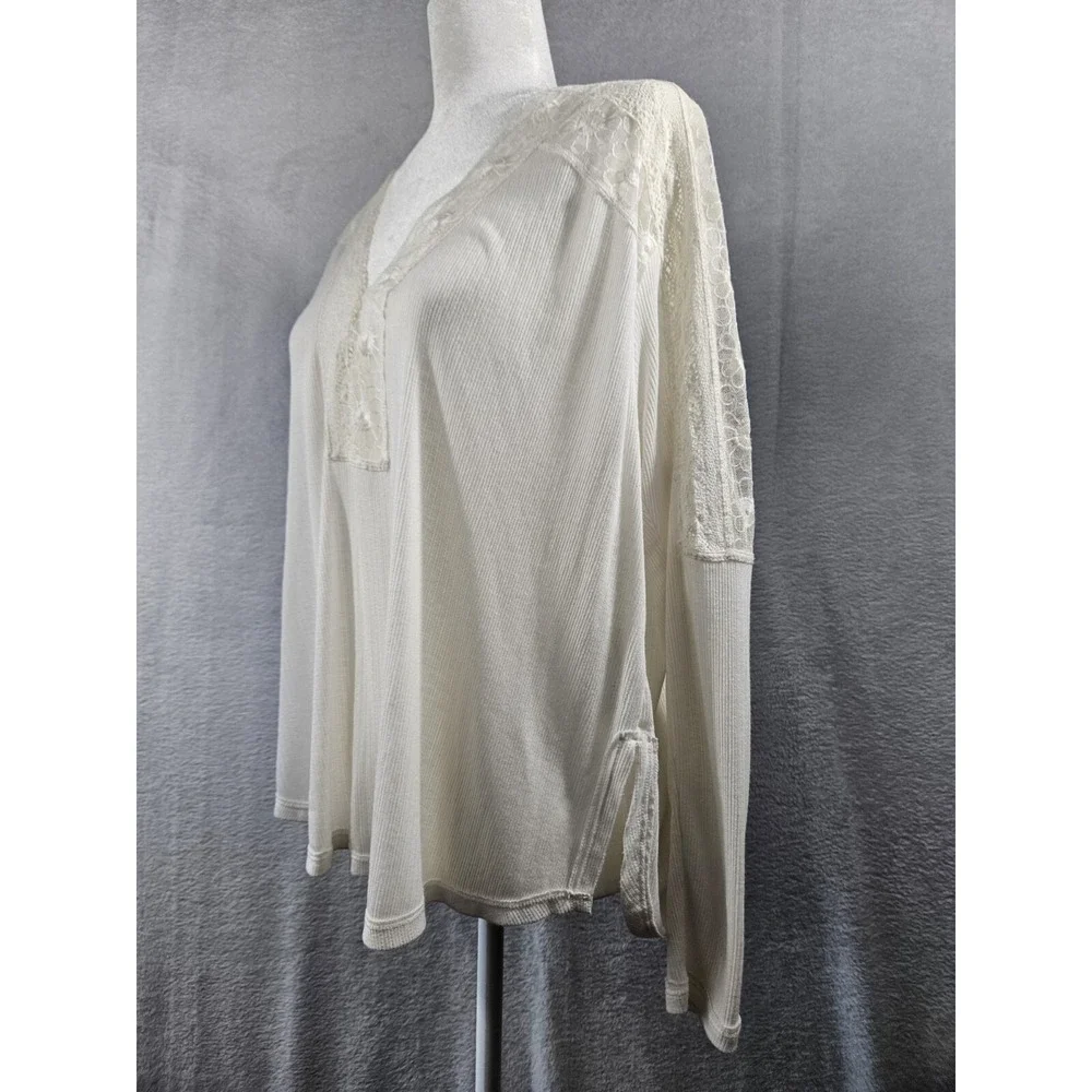 Free People Womens Small Top Ivory‎ Lace Sheer Crochet V-Neck Angel Food Boho